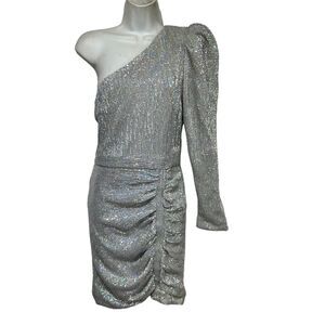 Lavish Alice Sequin One Sleeve Silver Iridescent Holo Cocktail mini Dress Size 4